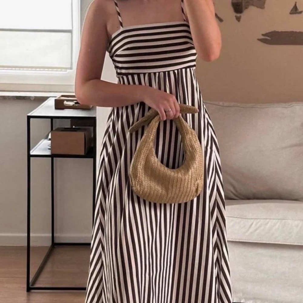 NWT Commense  Brown & White Stripe Maxi Euro Dress with Pockets small